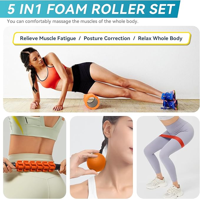 5 in 1 Foam Roller Set for Deep Tissue Muscle Massage, Trigger Point Fitness Exercise Foam Roller, Massage Roller, Massage Ball, Stretching Strap, for Whole Body (Orange Black)-CasaMuseHome