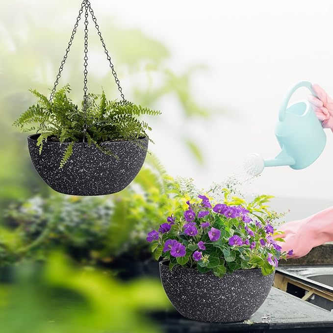 13 inch Large Hanging Planters Plant Pots for Outdoor Indoor Plants with Drainage Holes and Chain, 2 Pack Round Hanging Flower Pots for Garden Home Porch Decor, Speckled Black-CasaMuseHome