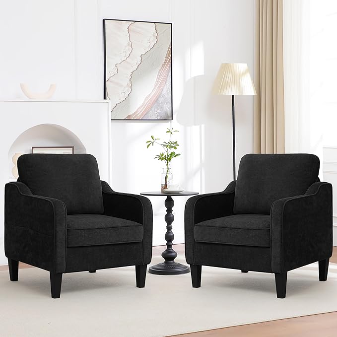 Accent Chair for Living Room, Mid Century Modern Reading Chair for Bedroom, Upholstered Armchair with Side Pockets, Comfy Single Sofa Side Chair for Office, Apartment, Small Room, Black-CasaMuseHome