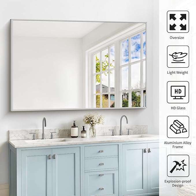 40x60inch Silver Bathroom Mirror, Silver Rectangle Mirror with Frame, Large Rectangular Wall Mirrors for Bathroom, Living Room, Hair Salon, Big Farmhouse Mirror Hang Horizontal/Vertical-CasaMuseHome