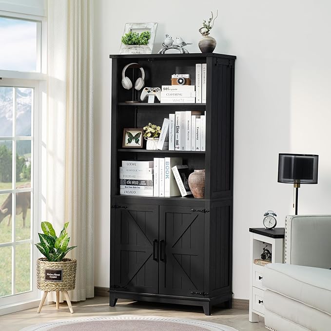 70in Tall Bookshelf 5 Tier Bookcase with Barn Doors and Adjustable Shelves, Black Farmhouse Book Shelf with Storage Cabinet, Wood Freestanding Display Bookshelves for Bedroom, Kitchen (2PCS)-CasaMuseHome