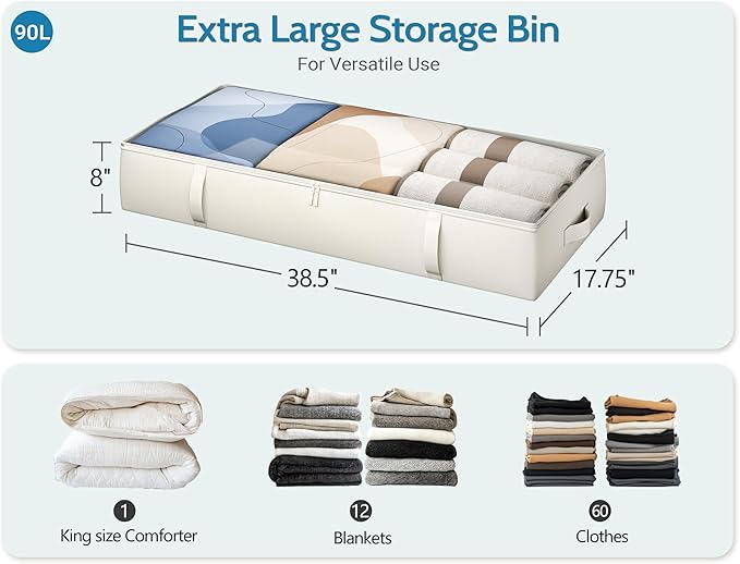 2-Pack Under Bed Storage Containers, 8 Inches Tall Underbed Clothes Storage Organizer Bin with Sturdy Sidewalls/Bottom, Under the Bed Storage Bags 2 Storage Bins, Beige-CasaMuseHome