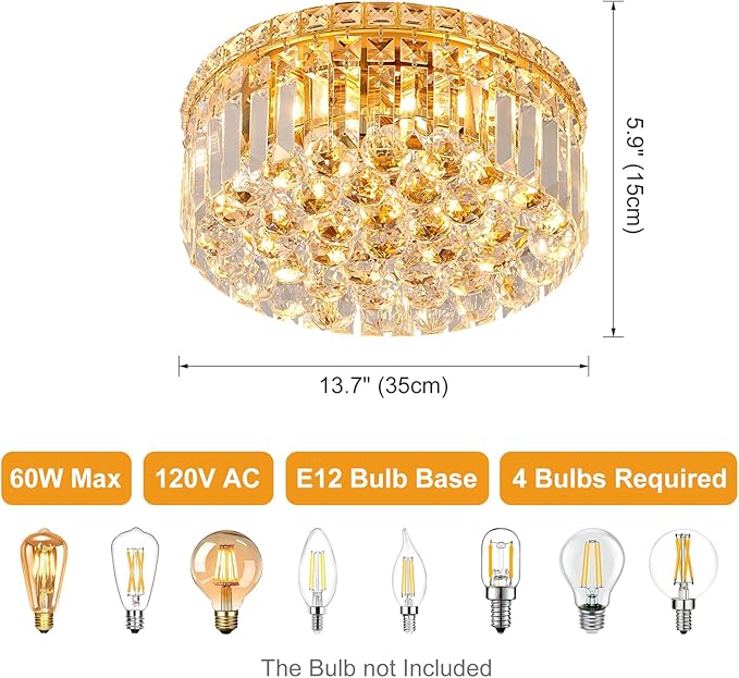 4-Light Gold Crystal Chandeliers Flush Mount Chandelier Light Fixture with K9 Crystals Modern Ceiling Lights Elegant Round Lamp for Bedroom,Hallway,Bar,Living Room,Dining Room,H5.9 xW13.7-CasaMuseHome
