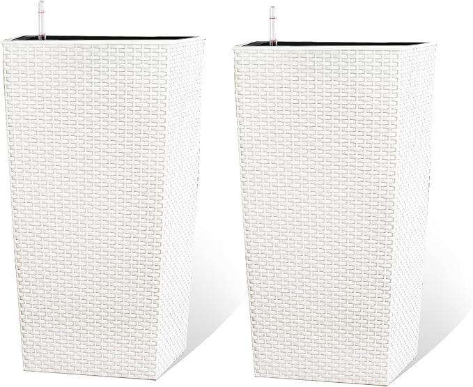 2Pcs 23in High Large Plant Pots Planter-Self-Watering,Modern Planter with Drain Holes,Water Level Monitor,Inner Bucket for Indoor/Outdoor Front Porch Patio,White Rattan-CasaMuseHome