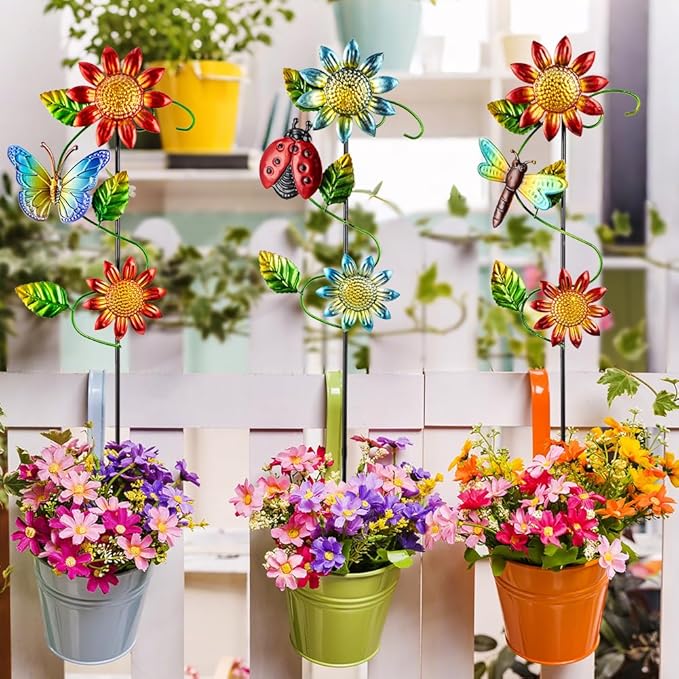 3 Pcs Sunflower＆Butterly＆Ladybug＆Dragonfly Decorative Garden Stakes,23.5 in Metal Sunflower Yard Art for Outside Decor,Spring Outdoor Decor for Mom,Women,Grandma-CasaMuseHome