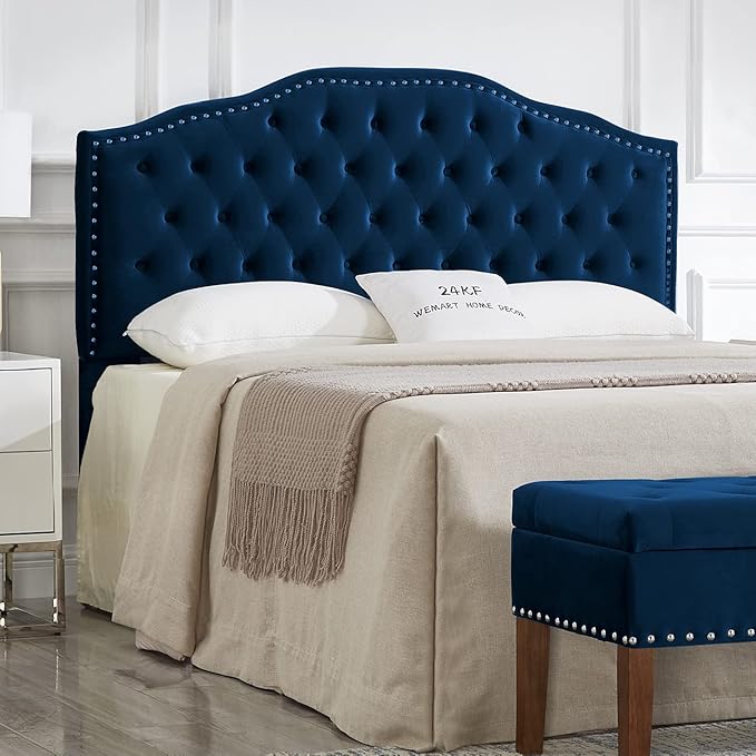 24KF Upholstered Button Tufted Queen Headboard with Nailhead Trim, Soft Velvet Fabric Headboard Queen/Full WM-6031-Q-NAVY-CasaMuseHome