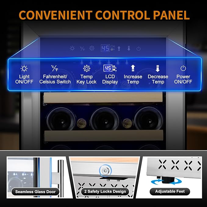 15 Inch Wine Fridge 32 Bottles Wine Cooler Refrigerator Undercounter Wine Fridge with Glass Door, LED Light, Removable Wooden Shelves, Built-in or Freestanding Wine Refrigerator for Home Office Bar-CasaMuseHome