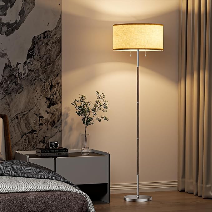 2-Light Floor Lamp, Mid Century Floor Lamp with Beige Lampshade, Standing Lamp Tall Lamp for Living Room Bedroom, 3 Color Temperatures 9W Bulb Include-CasaMuseHome