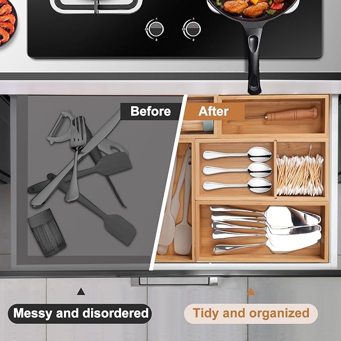 Bamboo Drawer Organizer 5 Pcs for Kitchen Multi-purpose Storage Dividers for Kitchen, Office, Jewelry, Cosmetics, Wooden Drawer Dividers for Drawer Organizer Desk Organizer Gift for Women Gifts Idea-CasaMuseHome