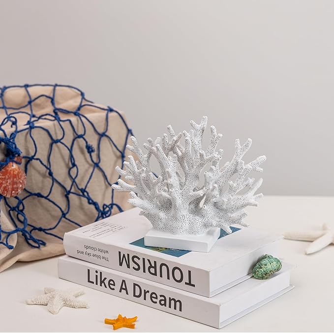 5.8" H White Coral Decor, Resin Coral Statue, Nautical Decorations for Home, Bedroom, Bathroom, Living Room, Beach/Coastal/Ocean Themed Cabinet Shelf Tabletop Decor-CasaMuseHome