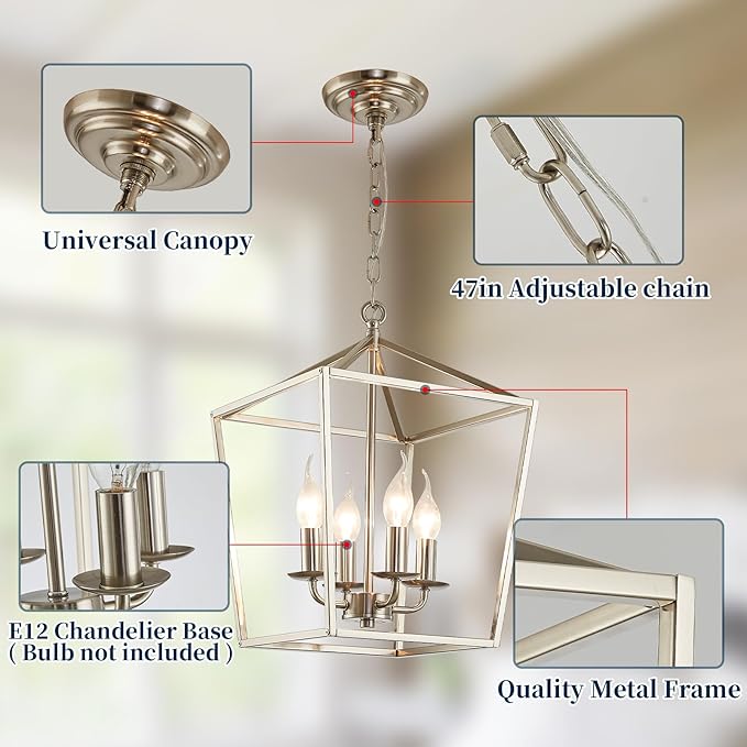 4-Light Brushed Nickel Farmhouse Chandelier, 12" Industrial Ceiling Light Lantern Pendant Light with Metal Cage Adjustable Height Rustic Hanging Light E12 Base for Kitchen Island Dining Room Entryway-CasaMuseHome