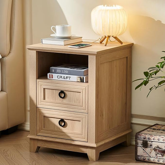 18" Farmhouse Night Stand with Charging Station, 2 Drawers Bedside End Table, Natural Wooden Nightstand, Bed Side Table Cabinet with Open Shelf for Bedroom Living Room Office-CasaMuseHome