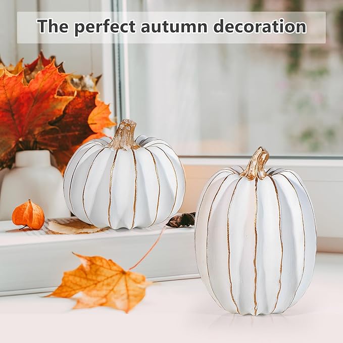 2Pcs Halloween Pumpkin Artificial Resin Pumpkins Decor for Mantel Harvest Autumn Tabletop Decoration Gold Fall Pumpkin Decorations Thanksgiving Table Centerpieces (Set C, ONE Size)-CasaMuseHome