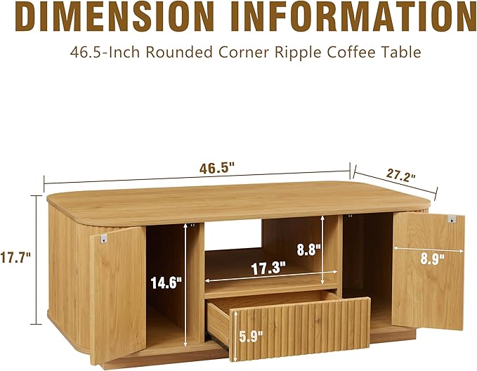 46.5" Oval Coffee Table with Drawers and Storage Mid Century Modern Fluted Solid Wood Side Coffee Tables, Luxury Tea Table Center Table for Living Rooms Offices Apartmen, Natural-CasaMuseHome