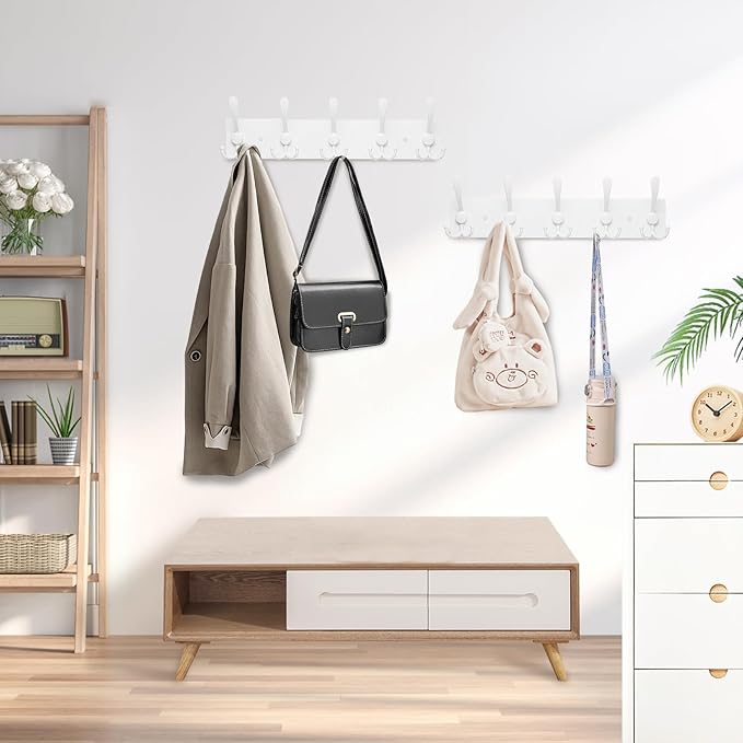 2pcs Coat Rack Wall Mount Coat Hooks Wooden Hat Rack for Wall Hooks Pine Real Wood Plank 16.9" White Coat Hanger with 5 White Triple Hooks for Hanging Coat Hat Jacket-CasaMuseHome