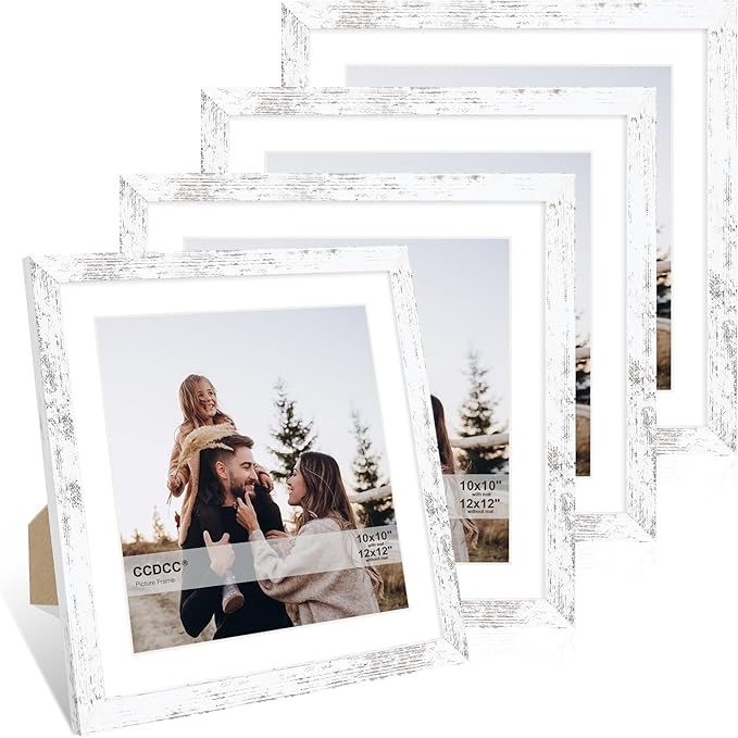 12x12 Picture Frame Set of 4, 12 x 12 Wood Photo Frames with Mat for 10x10 or 30x30cm Diamond Painting Art, Wooden Frame with Real Glass Cover for Wall and Tabletop Display,Distressed White-CasaMuseHome
