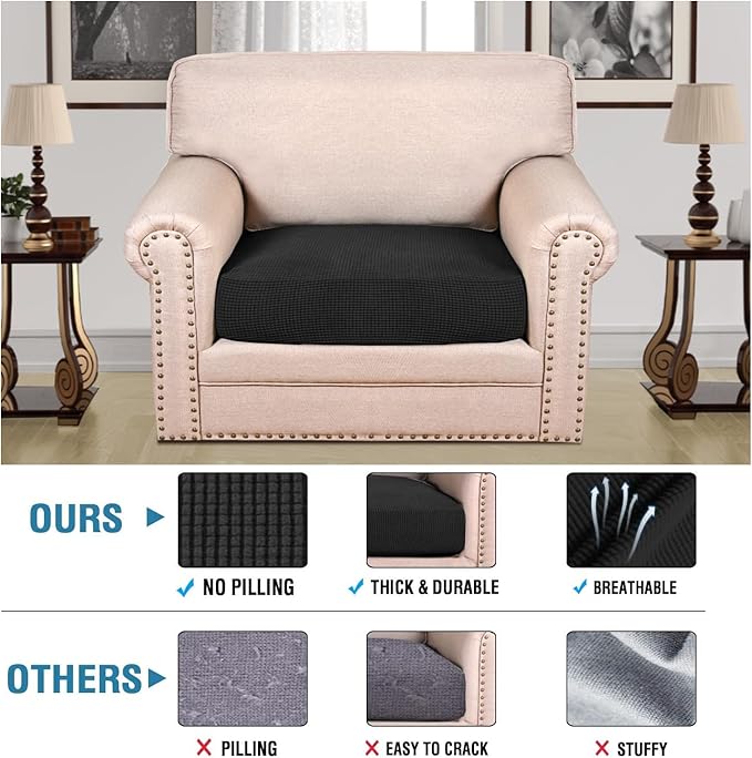 H.VERSAILTEX Super Stretch Individual Seat Cushion Covers Sofa Covers Couch Cushion Covers Slipcover Sets Thick Jacquard Textured Twill Fabric (1 Piece Chair Cushion Cover, Black)-CasaMuseHome