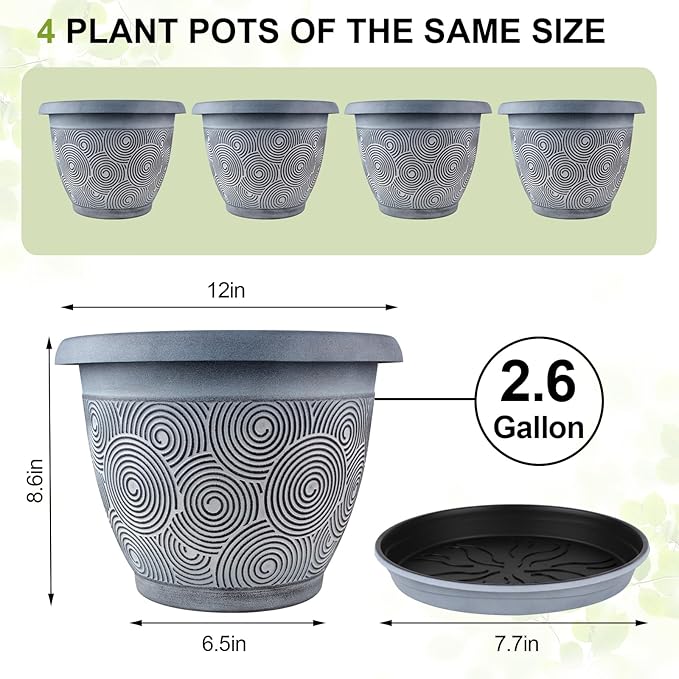 12 Inch Large Planter Pot for Plants Indoor Outdoor, 4 Pack Plastic Flower Pots with Drainage Hole & Tray, Modern Decorative Garden Pot with Saucer, Plant Container for House-CasaMuseHome