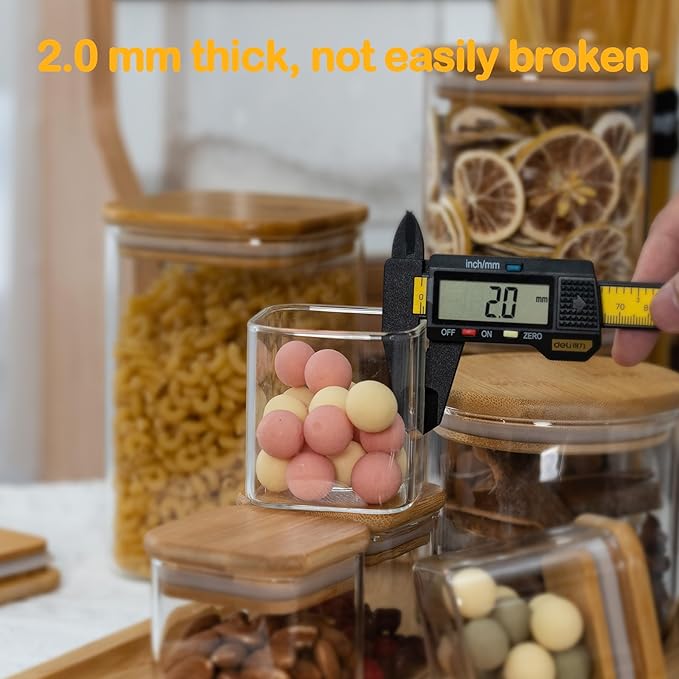 5oz Airtight Square Spice Containers with Bamboo Lid Set of 12 with Black Lables Storage Stackable Spice Jar, Kitchen Canister for Sugar, Tea, Flour, Salt and Seasonings (‎Clear Glass)-CasaMuseHome