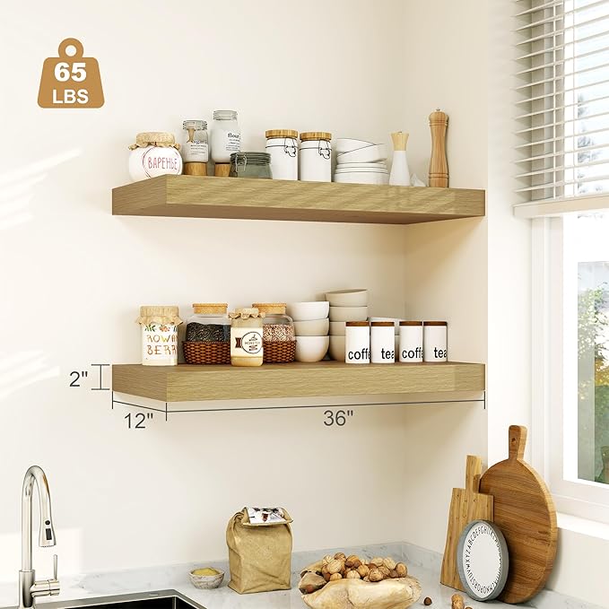 12" Deep Oak Floating Shelves,Over Toilet Long Wall Mounted Modern Farmhouse 36 inches,Wall Shelves with Invisible Brackets for Bedroom, Bathroom, Living Room, Kitchen, Set of 1-CasaMuseHome