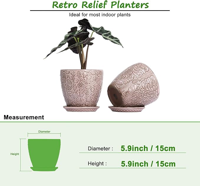 6 Inch Retro Ceramic Planter Set of 2 with Drainage Hole and Saucer for Plants, Indoor-Outdoor Garden Pots for Succulent, Orchid, and Flower (Fits Inner Pots Up to 5 Inches, Retro Peach)-CasaMuseHome