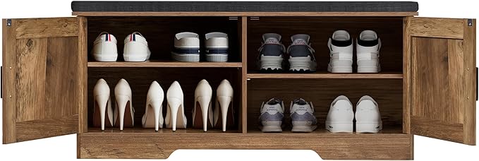 2-Tier Storage Bench, Shoe Bench with Padded Seat Cushion, Entryway Bench with 2 Barn Doors, Adjustable Shelf, 13.8" D x 39.4" W x 17.7" H, for Entryway, Living Room, Bedroom, Rustic Walnut-CasaMuseHome