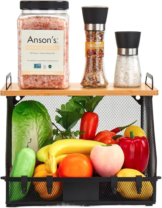 1 SET Large fruit basket for kitchen counter-stackable basket with Bamboo Tops & Tag,hanging wall baske,for Cabinet Shelf Countertop pantry storaget, onion potato Vegs Bread Food Organizing Bin,BLACK-CasaMuseHome