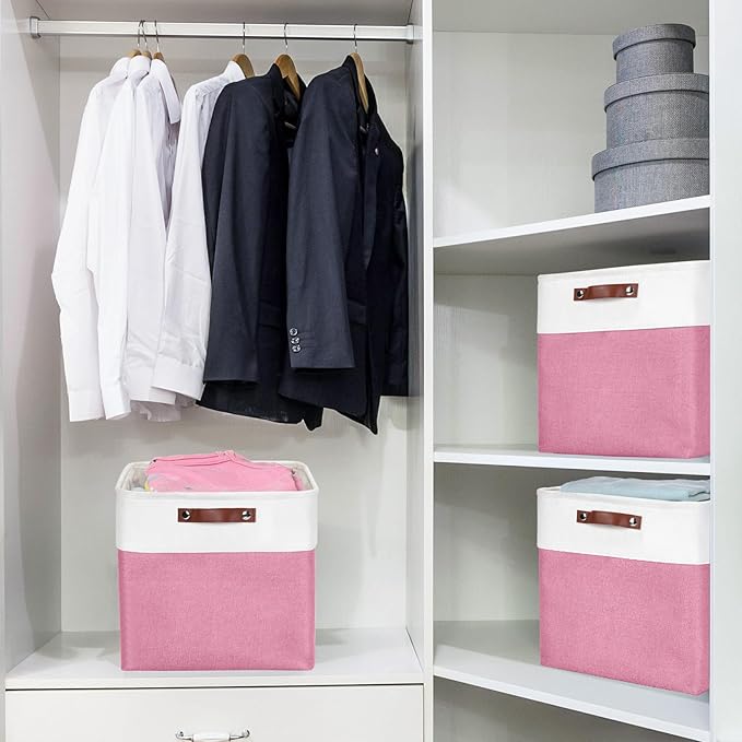 13x13 Cube Storage Bins, Collapsible Fabric Storage Box, 4 Pack Closet Baskets with Handles for Organizing, Shelf, Toys, Clothes, Home, Office, Nursery (Pink&White)-CasaMuseHome
