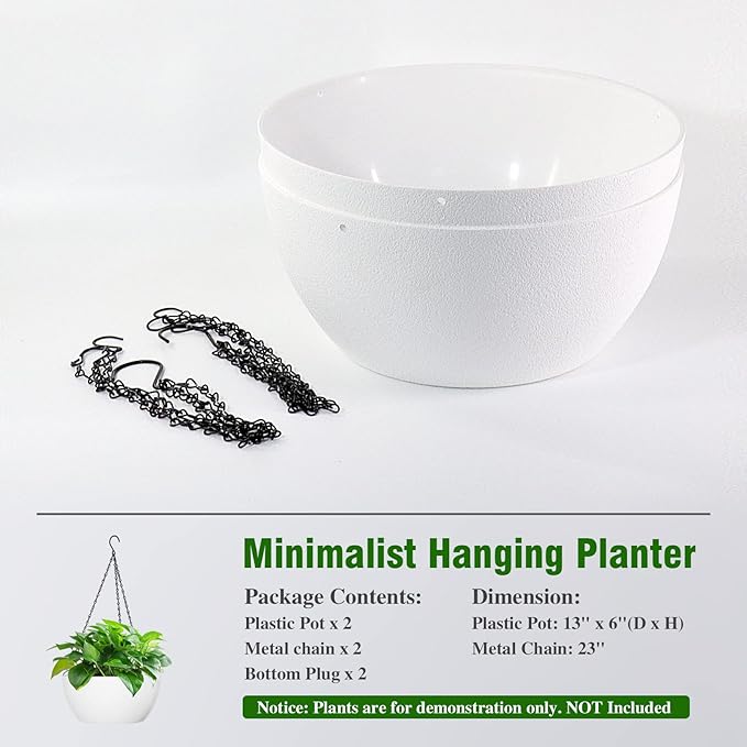 13 inch Large Hanging Planters Plant Pots for Outdoor Indoor Plants with Drainage Holes and Chain, 2 Pack Round Hanging Flower Pots for Garden Home Porch Decor, White-CasaMuseHome