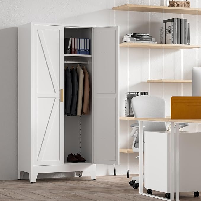 71'' Farmhouse Metal Wardrobe Cabinet with Hanging Rod, 2 Barn Door Wardrobe Closet with 5 Adjustable Shelves,Drawer,for Dining Room,Bedroom,Living Room, Cloak Room,Office (White)-CasaMuseHome