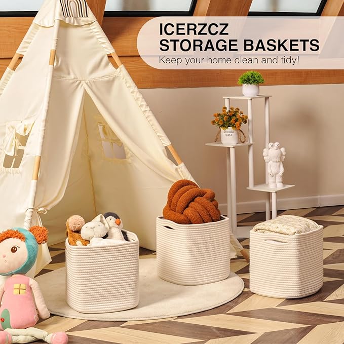 11 Inch Cube Storage Bins, Organizer Bins, Woven Cotton Rope Baskets for Storage, Storage Baskets for Organizing Shelves, White Basket for Toys, Off White (Pack of 3)-CasaMuseHome
