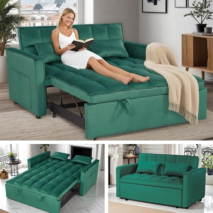 3 in 1 Sleeper Sofa Bed, Futon Sofa Bed for Living Room with Side Pocket, Green Sleepers Sofas Couch with Pullout Beds, Convertible Love Seat Sleepers Couch for Living Room, Bedroom-CasaMuseHome