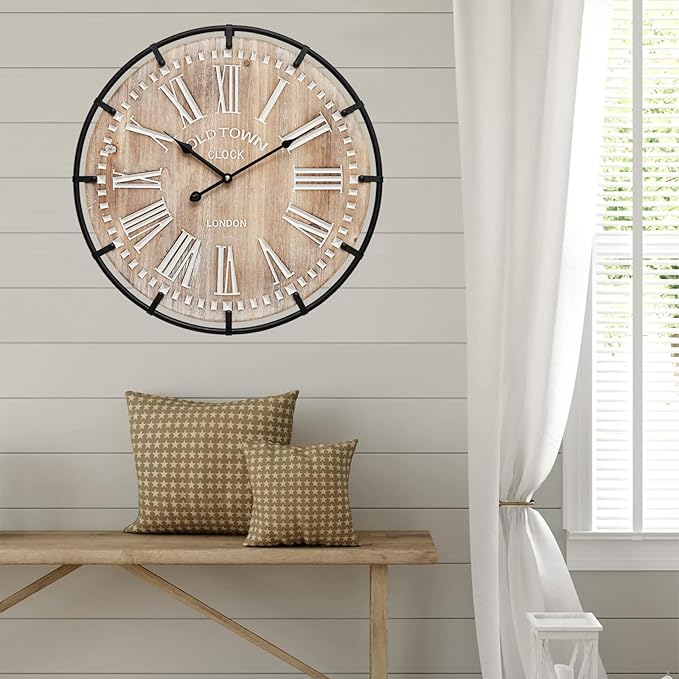 24 Inch Grand Farmhouse Wall Clock, Vintage-Inspired Wood & Metal Design with Large Etched Numbers, Silent Battery-Powered Timepiece for Offices, Kitchens, Bedrooms, and Living Rooms-CasaMuseHome