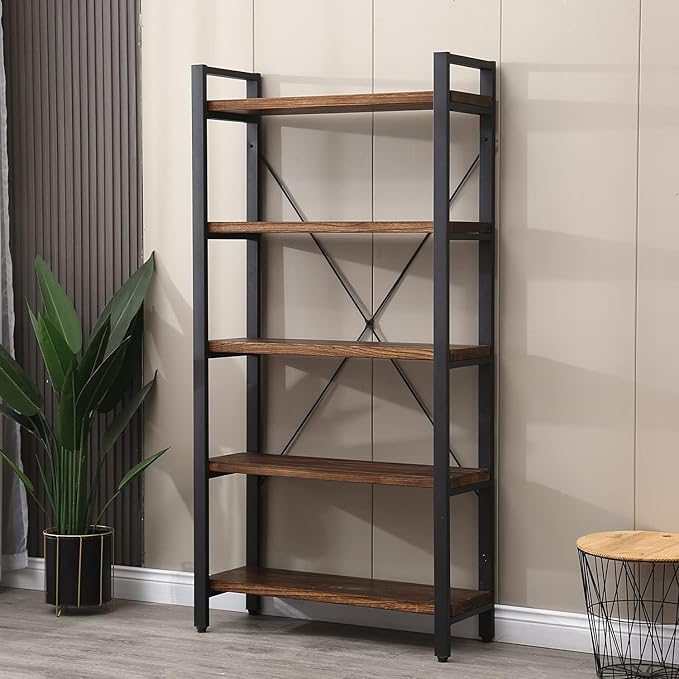 5 Tier Bookcase, Solid Wood Bookshelf Rustic Vintage Industrial Etagere Bookcase, Metal and Wood Free Vintage Bookshelf, Retro Brown (Real Wood) (5-Tiers)-CasaMuseHome