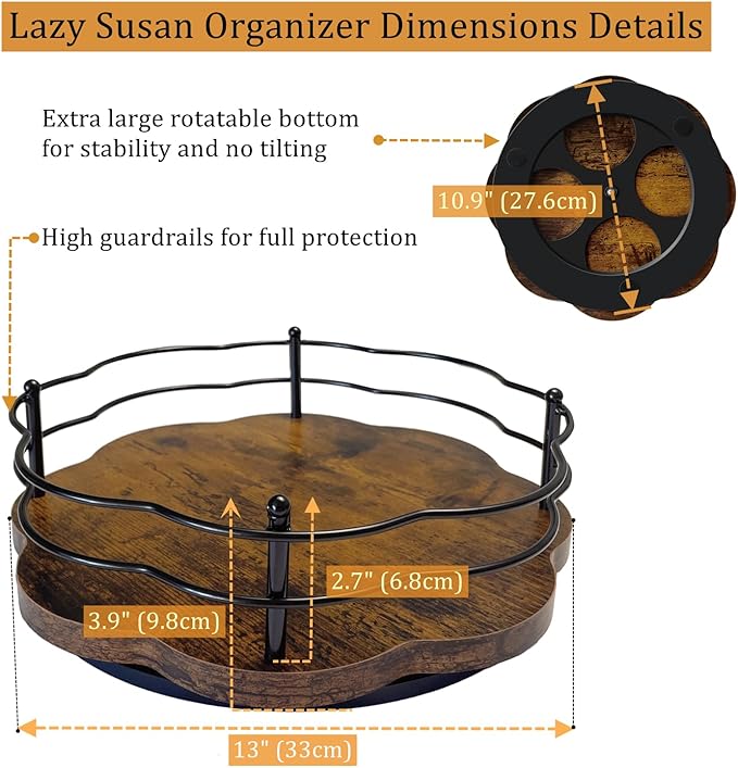 13" Lazy Susan Turntable Organizer with Higher Metal Sides, 360° Rotating Wooden Lazy Susan Organization and Storage for Cabinet,Kitchen,Countertop,Table Top,Dining Table,Coffee Bar Decor-CasaMuseHome