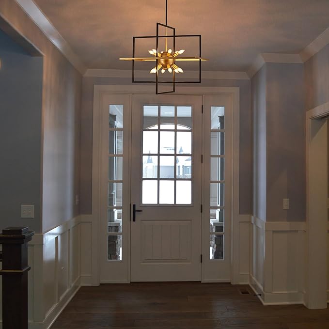 31.5'' Large Modern Lantern Chandeliers, 12-Light Black Gold Geometric Pendant Light Fixture, Industrial Hanging Chandelier for Entryway Foyer Hallway Dining Room, Kitchen Island-CasaMuseHome