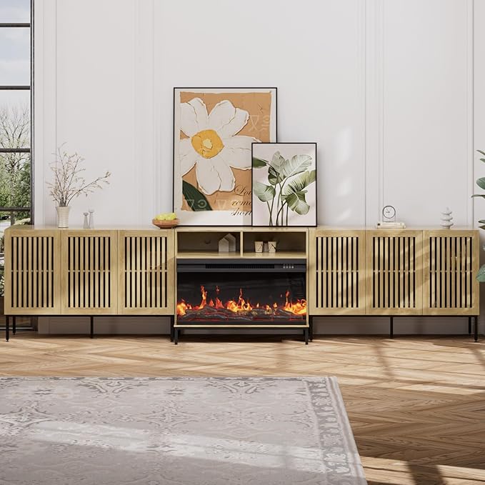 3-Sided Glass Farmhouse Fireplace TV Stand for TVs Up to 110 Inch, Oak Entertainment Center with 36" Electric Fireplace, TV Console with Storage Cabinets for Living Room-CasaMuseHome