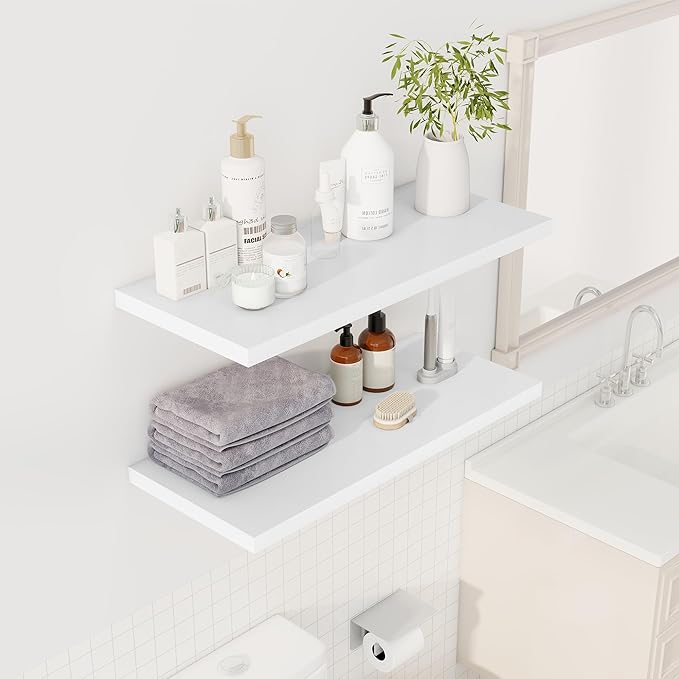 32" Floating Shelves for Wall, 12" Deep Slim White Floating Shelves, Wall-Mounted Shelves for Bedroom, Living Room, Kitchen, Bathroom - Set of 2-CasaMuseHome