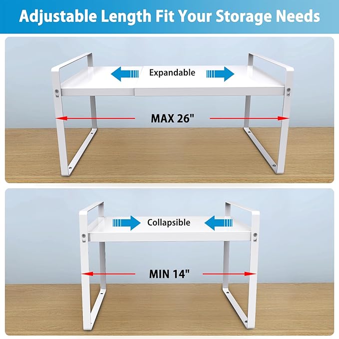 11'' Wide Expandable Cabinet Shelf Organizer Rack Adjustable Length 14''-26'' Pantry Shelf Spice Rack Heavy Duty Nonslip Kitchen Counter Storage Shelves Pantry Cupboard Under Sink Countertop White-CasaMuseHome