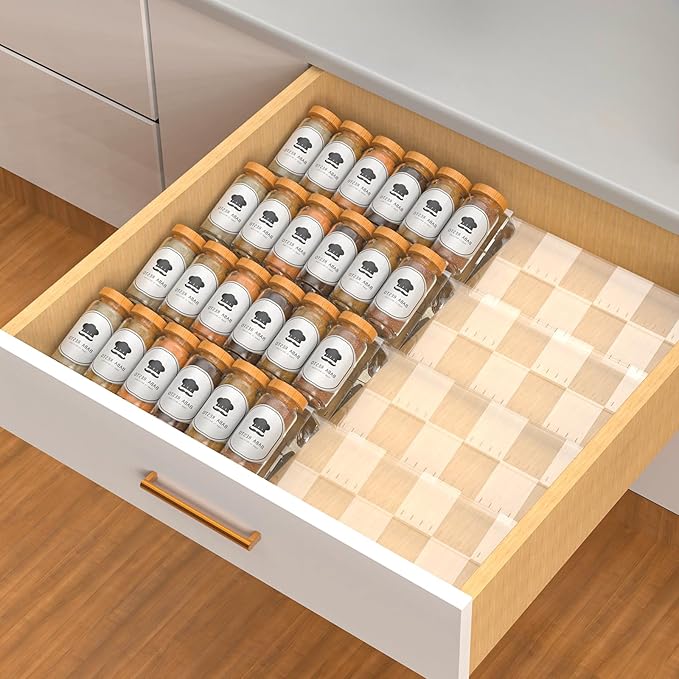 4-Tier Non-Slip Spice Drawer Organizer, 4-Pack Checkered Frosted Clear Acrylic, Expandable (11''-22'') Spice Rack for Kitchen Drawer Storage – Holds Seasonings, Herbs, and Spices (Jars Not Included)-CasaMuseHome