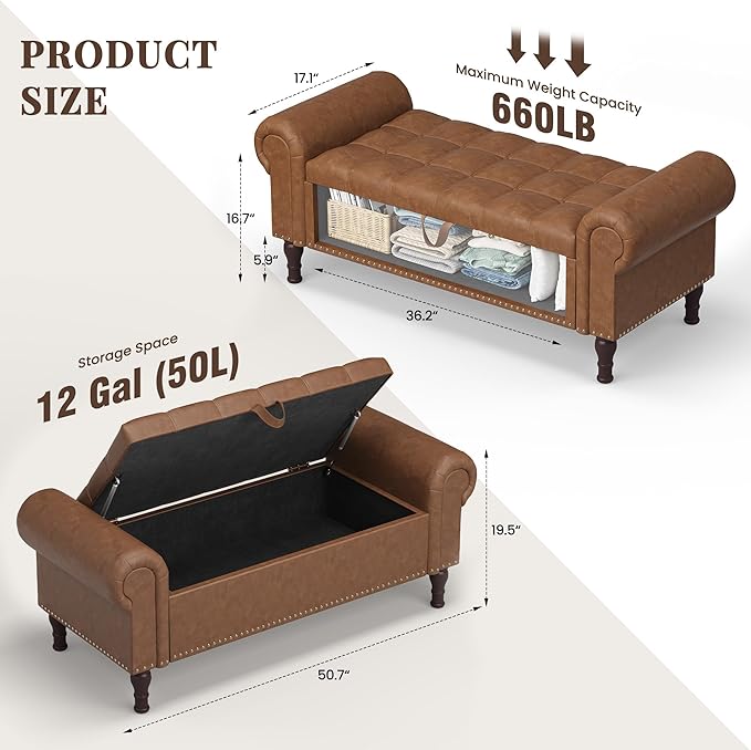 51" Storage Ottoman Bench for Bedroom, Full Queen Storage Bench with Button, Upholstered Bedroom Bench with Rolled Arms for Living Room, Storage Room, Entryway, Brown-CasaMuseHome