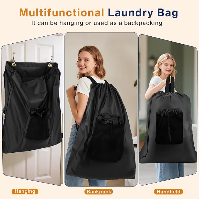 2-Pack Backpack Laundry Bags, Heavy Duty Laundry Bag Backpacks with Adjustable Shoulder Straps, Door Hanging Washing Bag, Laundry Hamper Lining for College Dorm, Travel, Laundromat-CasaMuseHome