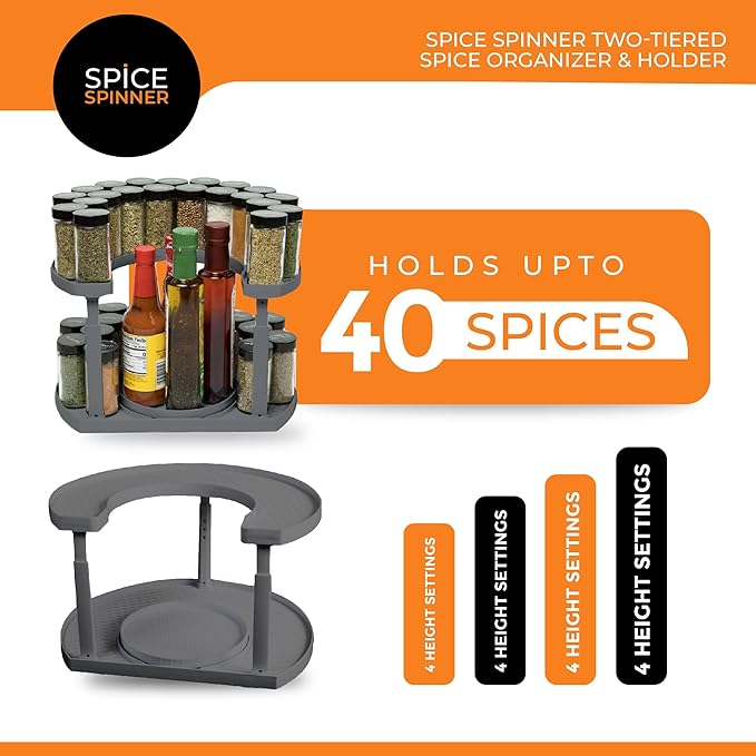 2-Tier Spice Rack Organizer for Cabinet | Rotating Lazy Susan Spice Organizer Holds 40 Spice Jars | Countertop & Pantry Spice Shelf for Kitchen Organization & Storage (Gray)-CasaMuseHome