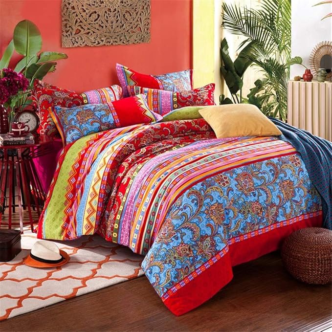 ABREEZE Bohemian Duvet Cover Set Colorful Red Boho Retro Bedding Set Damask Paisley Cotton Duvet Cover Tribal Reversible Bedding Exotic Style Comforter Cover 3-Piece Queen-CasaMuseHome