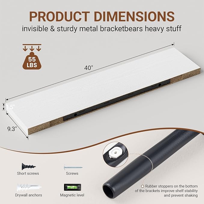 40 Inches Floating Shelves for Wall,9.3" Deep White Long Floating Shelves Set of 2,Large Display & Storage Shelf,Wall Shelf for Bathroom Bedroom Living Room Kitchen Office-CasaMuseHome