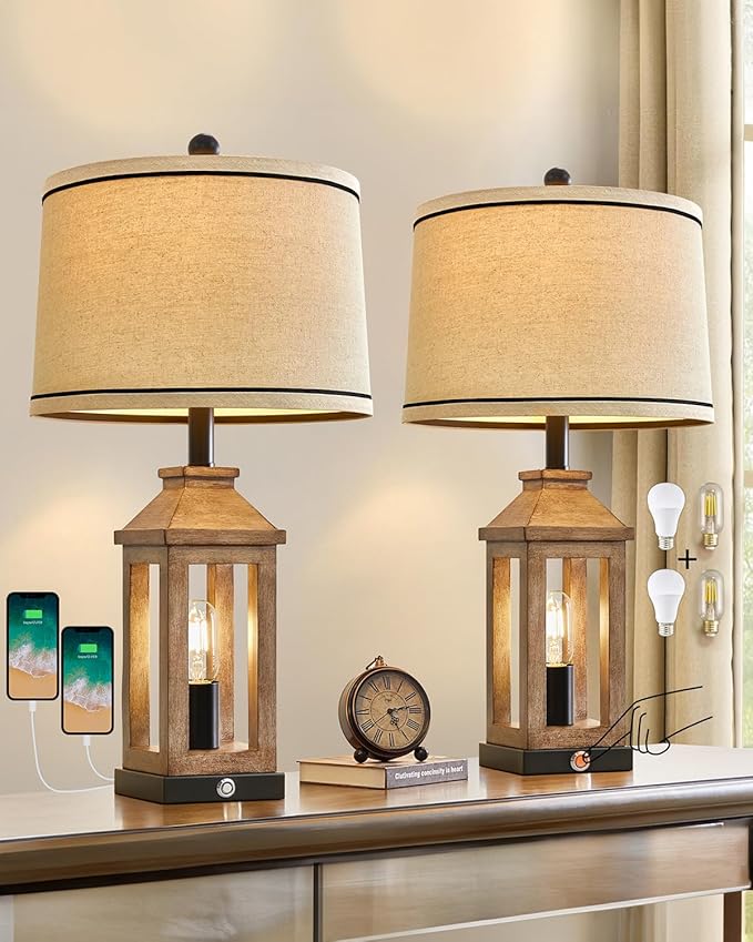 23.75" Farmhouse Dual USB Charging Ports 3-Way Dimmable Touch Control Table Lamp with Nightlight Vintage Modern Lamps for Living Room Bedroom-CasaMuseHome