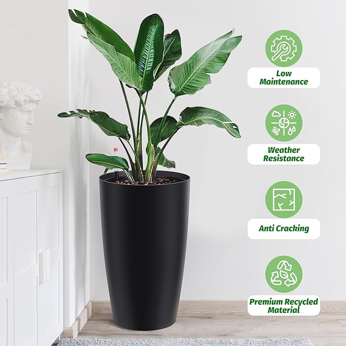 22" Tall Round Planter Set of 2, Self Watering Pots for Indoor Plants, Large Flower Pot Outdoor with Built-in Drainage and a Water Level Monitor, for Patio, Porch, Living Room, or Home Office, Black-CasaMuseHome