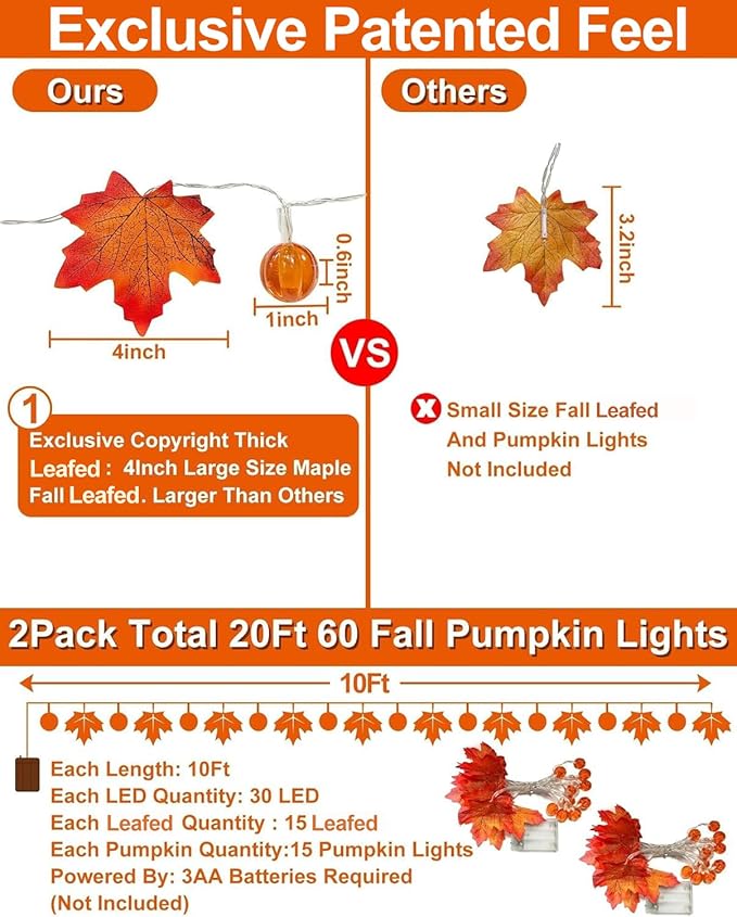 2 Pack Fall Garland with Pumpkin Lights Halloween Decorations Indoor 60 LED 20 Ft Enlarged Maples Leaves Fall Lights Battery Operated Halloween Garland Thanksgiving Decor Home Indoor Outdoor Christmas-CasaMuseHome
