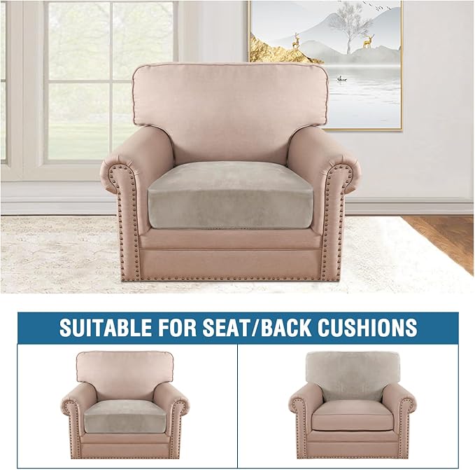 H.VERSAILTEX Velvet Stretch Couch Cushion Cover Plush Cushion Slipcover for Chair Cushion Furniture Protector Seat Cushion Sofa Cover (1 Piece Armchair Cushion Covers, Oatmeal)-CasaMuseHome