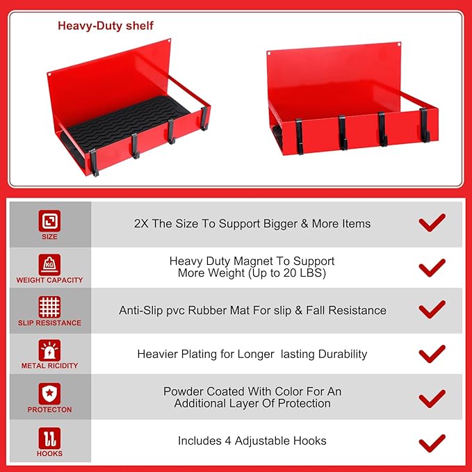 3 Pack Magnetic Garage Organizer Spice Rack for Refrigerator - 20 lb Capacity Shelf Hanging Heavy Duty Fridge Side for Organize Garage Tools, Red-CasaMuseHome